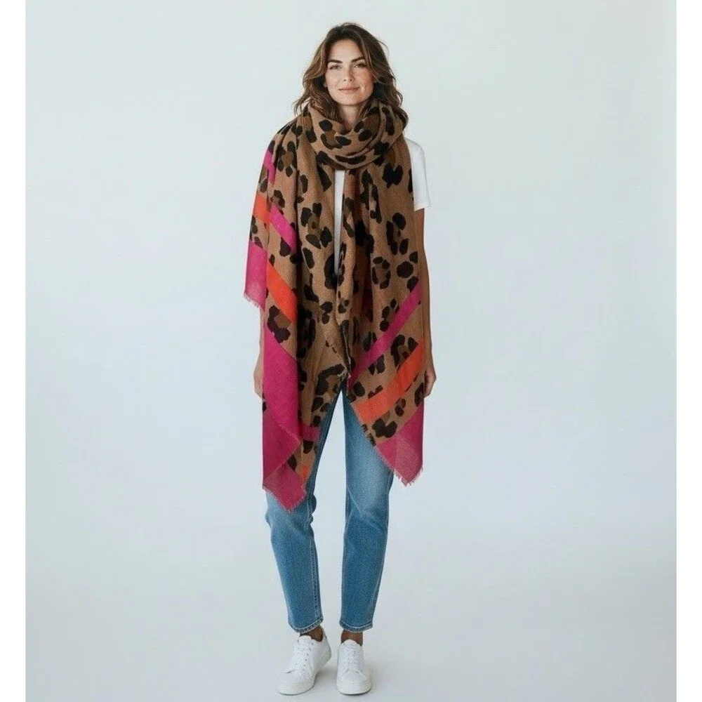 Sole Society Oversized Scarf Wrap Animal Print Striped Fringe 72x40 Lightweight